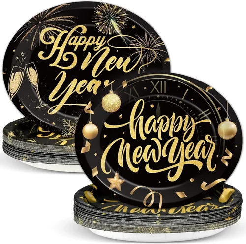 50 platos ovalados de papel de feliz año nuevo de 11 pulgadas, grandes, resistentes, negro y dorado, decoraciones de fiesta de Año Nuevo 2026,