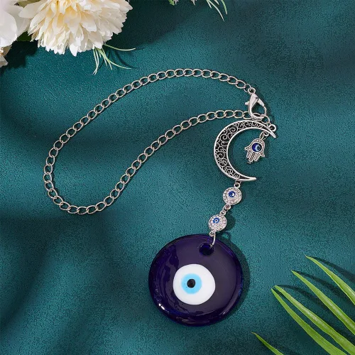 Miniatura 3 de Adorno colgante azul para coche con ojo malvado, dijes de cuentas con ojo malvado con adorno colgante de luna para coche, atrapasueños, regalo