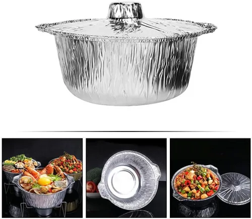 Miniatura 5 de Yardwe Sartenes redondos de papel de aluminio con tapas, 5 latas de aluminio desechables, contenedor de alimentos, moldes de papel de aluminio