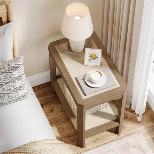 Miniatura 7 de Eclatara Mesitas de noche de ratán, mesa auxiliar de 2 niveles para dormitorio, mesa auxiliar de polígono decorativa para espacios pequeños, mesa
