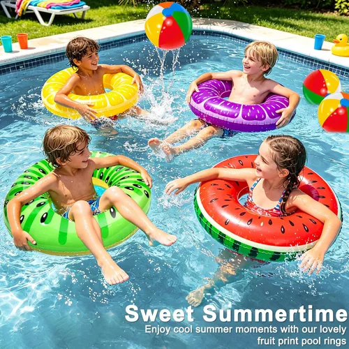 Miniatura 2 de Paquete de 8 flotadores inflables de piscina para niños, 4 tubos de natación de frutas y 4 bolas de playa, flotadores de piscina, juguetes de playa