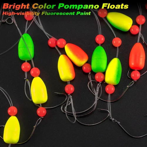 Miniatura 5 de Alwonder Paquete de 5 aparejos de pesca Pompano con flotadores Snell, aparejo giratorio de cebo vivo de agua salada, broches de presión de doble