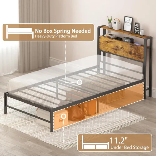 Miniatura 6 de Weehom Marco de cama individual para niños, cama de tamaño individual con estantes de madera de 2 niveles, cabecero debajo de la cama, espacio