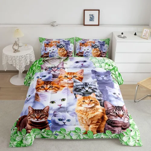 Miniatura 15 de Feelyou Juego de edredón para niños, diseño de gatos de dibujos animados, tamaño twin, lindo juego de ropa de cama de gatitos para adolescentes
