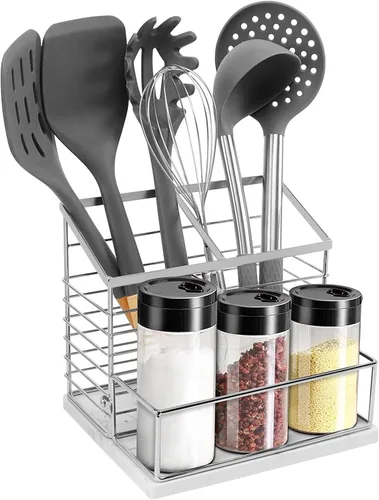 Soporte para utensilios para encimera de cocina, soporte de utensilios de metal para saleros y pimenteros para encimera de cocina, almacenamiento de