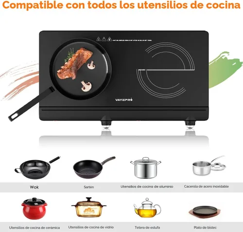 Miniatura 3 de Placa eléctrica infrarroja de doble quemador – Estufa portátil de 1800 W, calentamiento en segundos, encimera para dormitorio, compatible con todos