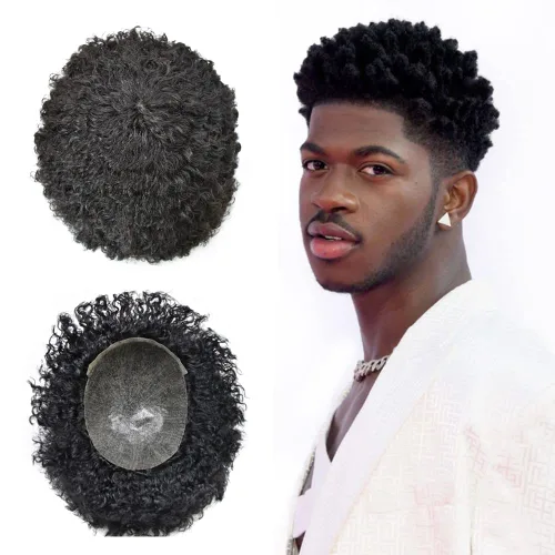 Miniatura 16 de Cabello afro rizado para hombre maravillas de cabello humano afroamericano de repuesto para hombres negros, piel de polietileno completa, sistema
