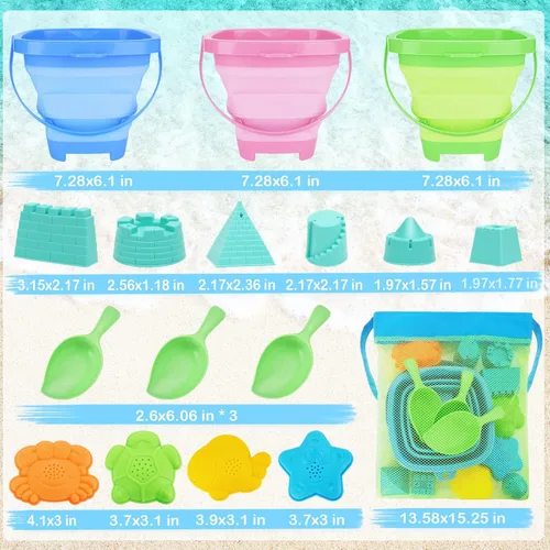 Miniatura 7 de RACPNEL Juguetes de playa plegables para niños, set de 3 cubos de arena y palas plegables con bolsa de malla, cubetas de silicona para elementos