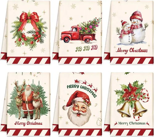 Mixweer 6 paños de cocina de Navidad absorbentes, vintage, muñeco de nieve, Papá Noel, baño, toalla de té, decoración navideña para baño y cocina,