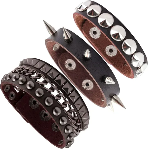 Miniatura 12 de MILAKOO 3 unids hombres tachonado brazalete remaches pulsera cuero remaches pulsera