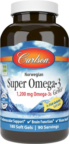 Carlson - Gemas Super Omega-3, 1200 mg de Omega-3, Apoyo Cardiovascular, Función Cerebral y Salud de la Visión, Noruego, 180 geles blandos