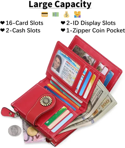 Miniatura 2 de SENDEFN Carteras pequeñas para mujer, con bloqueo RFID, de cuero, plegable, tarjetero con ventana de identificación, 5-rojo y blanco, Cartera