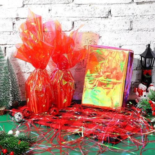 Miniatura 7 de Outus Película de celofán iridiscente de celofán arcoíris, decoración de manualidades para cestas de regalo, suministros de mariposas de hadas, Rojo