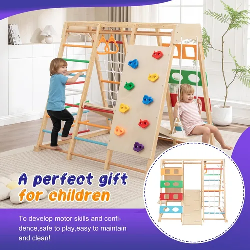 Miniatura 7 de Juego de gimnasio y parque infantil 9 en 1, juguete de escalada de madera con tobogán, columpio, red de escalada, anillos – Juego para niños