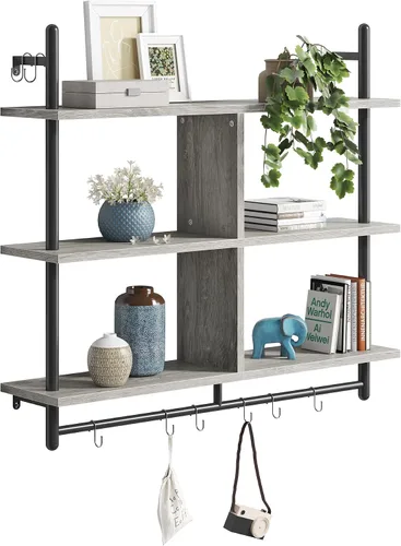 Miniatura 8 de Bestier Estantes Flotantes de Cocina de 41" Montados en Pared de 3 Niveles Barra de Café Estante para Tazas Colgante con 8 Ganchos Exhibidor
