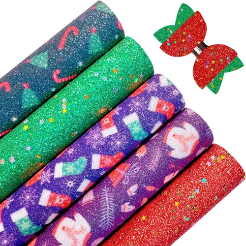 Miniatura 3 de Sábanas de piel sintética con estampado de copos de nieve de Navidad, 8 x 12 pulgadas, tela brillante con purpurina fina para lazos, manualidades