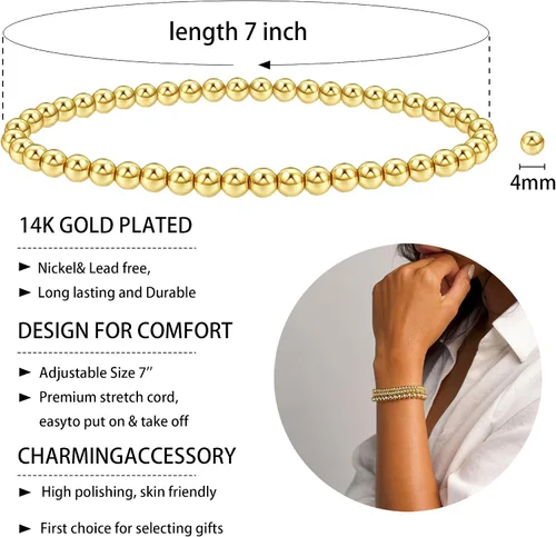Miniatura 2 de MOZAKA 14 pulseras de cuentas de oro para mujer, chapados en oro de 14 quilates, pulsera elástica de oro para mujer, apilable