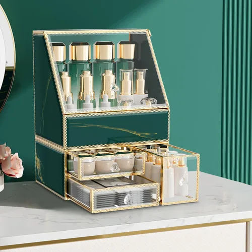 Miniatura 9 de CoralHouse Organizador de maquillaje, organizador de maquillaje ámbar con cajón, soporte para el cuidado de la piel para encimera de baño, vitrina
