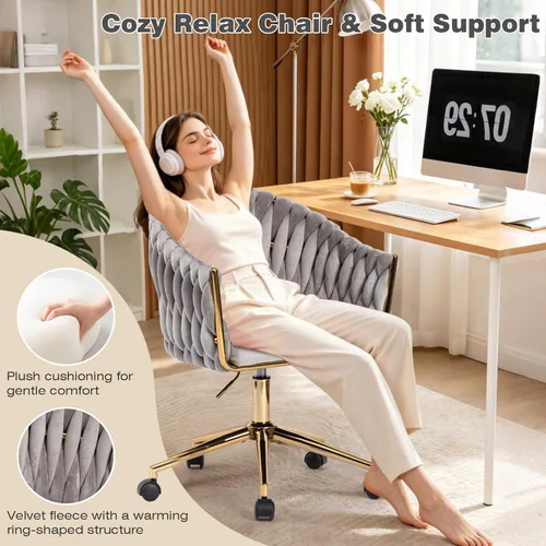 Miniatura 3 de Silla de Oficina de Terciopelo con Respaldo Tejido a Mano, Sillas de Escritorio de Tocador con Ruedas Doradas, Silla de Escritorio Giratoria