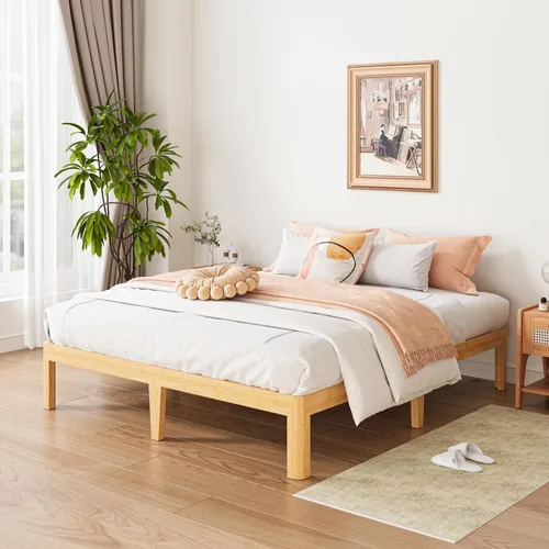 Miniatura 9 de ZIYOO Marco de cama de plataforma de bambú de tamaño matrimonial de 12 pulgadas, diseño minimalista moderno, soporte resistente, fácil montaje,