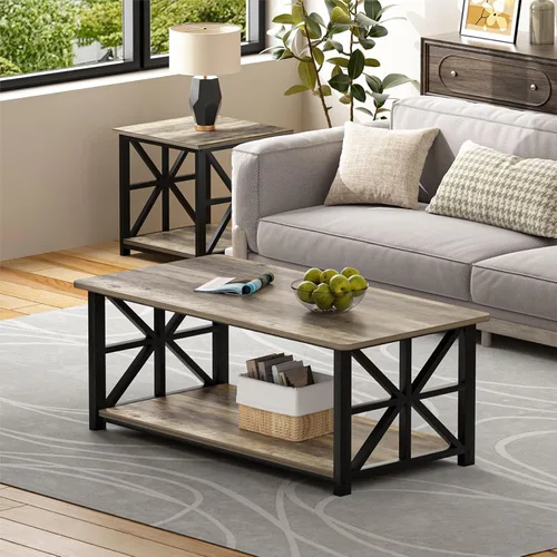 Miniatura 2 de GreenForest - Mesa de café para sala de estar con esquinas redondas, mesa central estilo granja con estante de almacenamiento de 39 pulgadas, ahorro