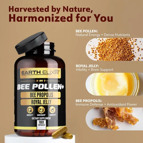 Miniatura 4 de Earth Elixir Cápsula orgánica de polen de abeja 3 en 1, sin OMG, polen de abeja puro crudo, jalea real, extracto de propóleo para mujeres y hombres