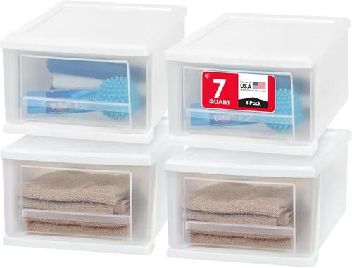 IRIS USA SD-22 - Cajón apilable de plástico, paquete de 4 organizadores de almacenamiento, 7 cuartos de galón, color blanco, 4 unidades
