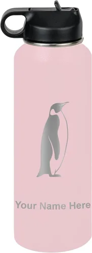 Miniatura 16 de LaserGram Botella de agua personalizada, pingüino, acero inoxidable de doble pared aislada al vacío con popote superior, regalo grabado