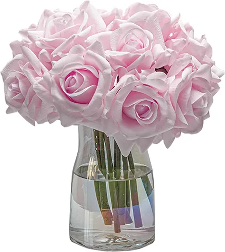 Miniatura 8 de DUYONE Rosas artificiales de un solo tallo 10 piezas de arreglo floral de seda falsa para decoración del hogar, fiesta, boda (rosa claro)