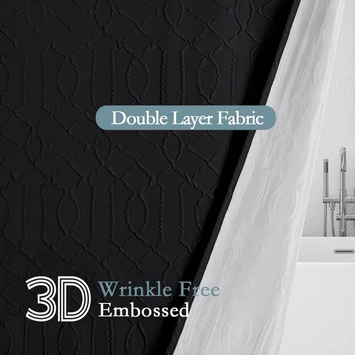 Miniatura 3 de Gibelle Cortina de ducha negra para baño, juego de cortina de ducha de tela texturizada geométrica en relieve 3D con ganchos, diseño moderno