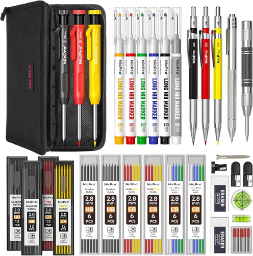 Miniatura 10 de Nicpro Juego de 28 lápices de carpintero con sacapuntas, lápices mecánicos de carpintero con 127 recambios y herramienta de grabado de carburo