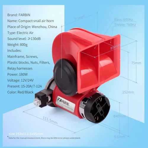 Miniatura 5 de FARBIN Bocina de Tren para Camión 12v 150db Bocina de Coche Fuerte Bocina de Aire de Caracol con Bomba de Aire para camión coche barco furgoneta Rojo