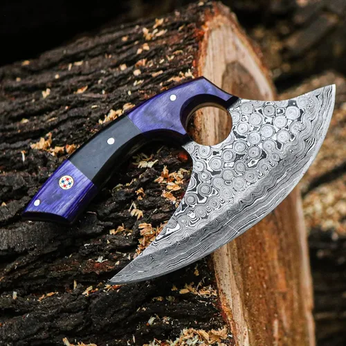 Miniatura 4 de Cuchillos - Alaska Ulu - Cuchillo Mezzaluna Ulu - Cortador de pizza Ulu - Ulu tradicional - Acero de Damasco hecho a mano - Mango estabilizado