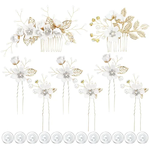 Miniatura 14 de inSowni - Juego de 20 peines laterales elegantes de color azul polvoriento con flores para novias, accesorios para el cabello para bodas, pinzas