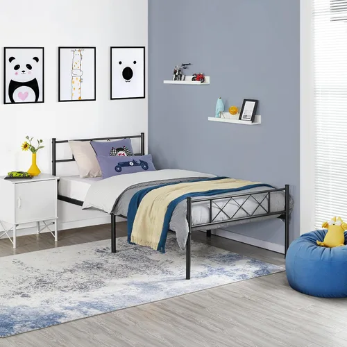 Topeakmart Base de cama de metal negro con cabecero, base de colchón, cama de plataforma, base de cama con listones, tamaño individual XL