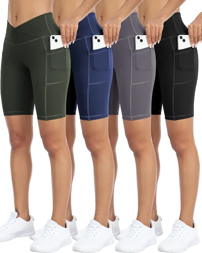 Miniatura 13 de WHOUARE Paquete de 4 pantalones cortos de yoga con bolsillos para mujer, cintura alta, atléticos, correr, entrenamiento, gimnasio, control de abdomen