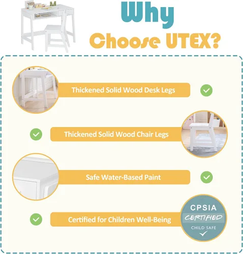 Miniatura 2 de UTEX Juego de escritorio y silla para niños, escritorio de estudio para niños con cubos de almacenamiento, mesa de estudio para niños de madera