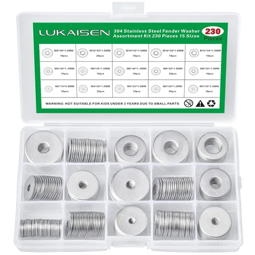 Juego de 230 arandelas planas grandes, kit surtido de arandelas planas de acero inoxidable 304, 15 tamaños M3/M4/M5/M6/M8/M10/M12, arandelas Plateado