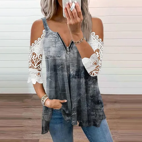 Miniatura 2 de Womens Breathable Oil Painting Blouses Zipper V Neck Tops Cute Flowy 2023 Summer Lace Short Sleeve T Shirt