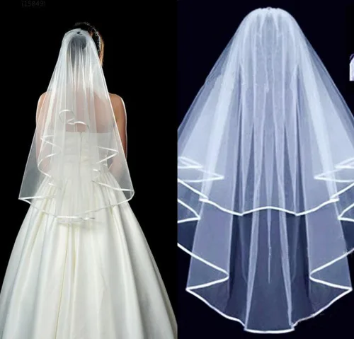 Miniatura 2 de Velo de boda nupcial de cinta circular de doble capa con peine y borde de cinta doble (blanco)