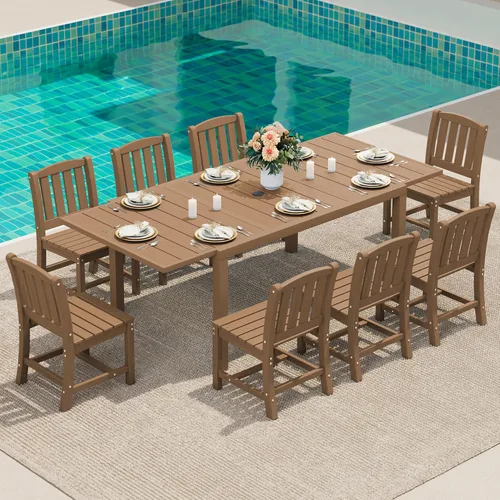 Miniatura 11 de SERWALL Juego de comedor para exteriores de 9 piezas, mesa de comedor expandible de 60 a 83 pulgadas y 8 sillas de polietileno de alta densidad