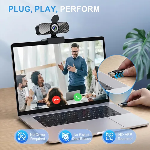 Miniatura 5 de Webcam Full HD 1080P con micrófono incorporado y trípode giratorio, placa de fibra de carbono y cubierta de privacidad, corrección de luz