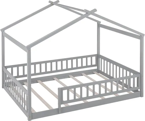 Miniatura 7 de MERITLINE Cama individual Montessori para niños, marco de cama individual Montessori con rieles y techo, no necesita somier, para niños, Gris