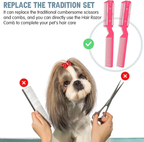 Miniatura 4 de Yinkin Peine de afeitar de 5 piezas para perros y gatos, rosa, plástico y acero inoxidable, perros pequeños a medianos, 25 cuchillas adicionales