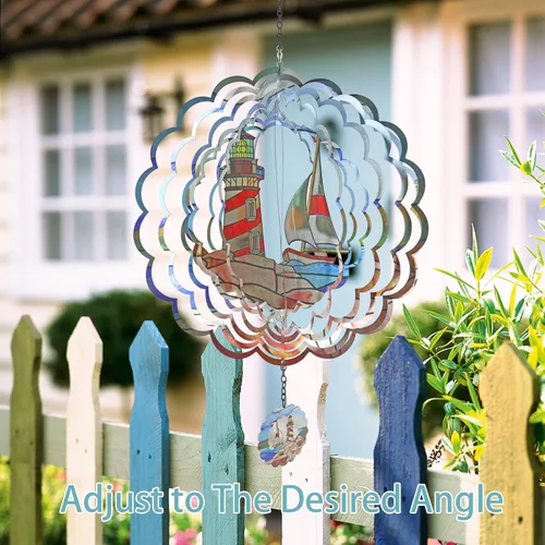 Miniatura 5 de Faro Molinillo de Viento 3D Giratorio Arte de Metal Cinético Colgante Molinillo de Viento Decoración Exterior Adornos de Océano Decoración