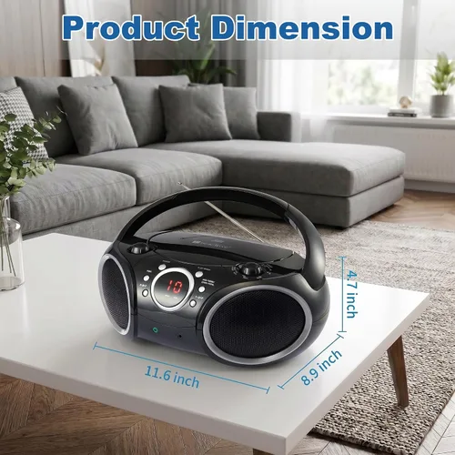 Miniatura 7 de SINGING WOOD 030C Reproductor de CD portátil Boombox AM FM Radio de sintonización analógica, línea auxiliar, conector para auriculares, asa