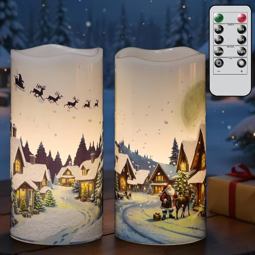 GenSwin Velas de Navidad sin llama con temporizador remoto, juego de 2 velas LED de Navidad que funcionan con pilas con casa de nieve, Papá Noel,