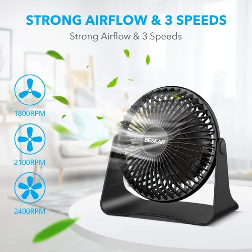 Miniatura 2 de BESKAR Ventilador de escritorio pequeño USB, ventiladores portátiles con 3 velocidades de flujo de aire fuerte, funcionamiento silencioso y rotación