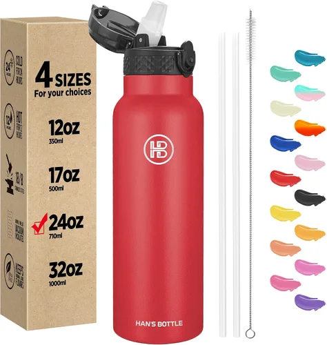 Miniatura 44 de Han's Bottle - Botella de agua para niños con tapa con pajilla - Vaso reutilizable de acero inoxidable aislado para niñas, niños, taza termo, 17