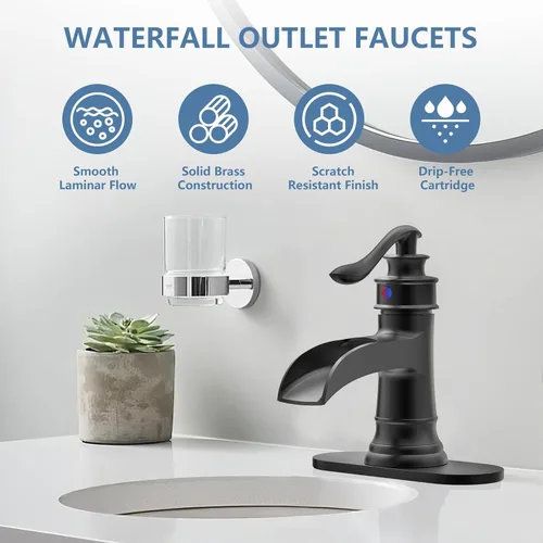 Miniatura 2 de Homevacious Grifo de lavabo de baño con cascada, monocontrol, negro mate y níquel cepillado, grifo mezclador para lavamanos, un orificio, palanca
